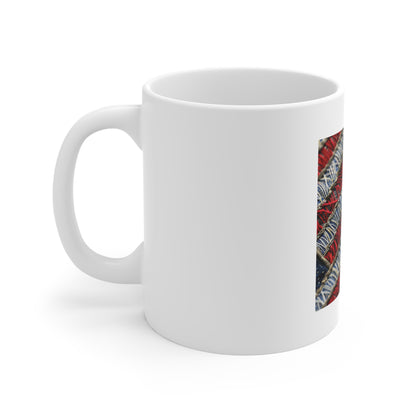 Denim American Flag Coffee Mug – Frayed Stitch Patriotic Design – Shallow Focus Americana Mug – Woven USA Flag Cup Embroidered American Flag Mug — Patriotic 11oz Coffee Cup