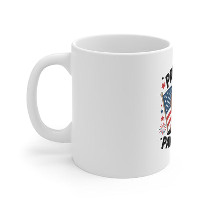 Proudly Pawtriotic Mug — 11oz Patriotic Dog Coffee Cup (USA Flag, "Proudly Pawtriotic")