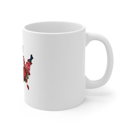 USA Floral Map 11oz Coffee Mug — Patriotic Red Rose & Lily Design for 4th of July