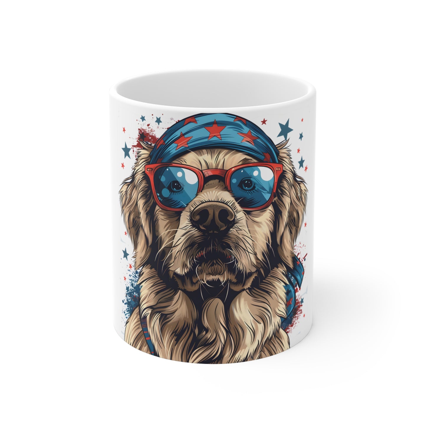 Patriotic Dog Sunglasses Coffee Mug – USA Bandana Pup Mug – Cool American Dog Art Cup – Fun 4th of July Gift Mug 11oz