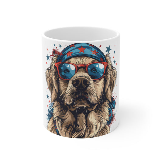 Patriotic Dog Sunglasses Coffee Mug – USA Bandana Pup Mug – Cool American Dog Art Cup – Fun 4th of July Gift Mug 11oz