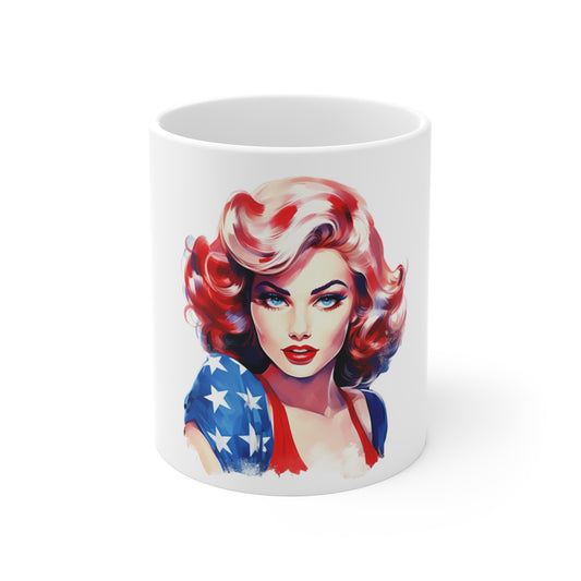 Patriotic Pin Up Portrait Mug – Bold Americana Woman Coffee Mug – Red White Blue Retro Beauty Cup – Vintage USA Art Mug – Gift for Her Patriotic Pin-Up Mug — Retro American Flag Woman Coffee Cup...