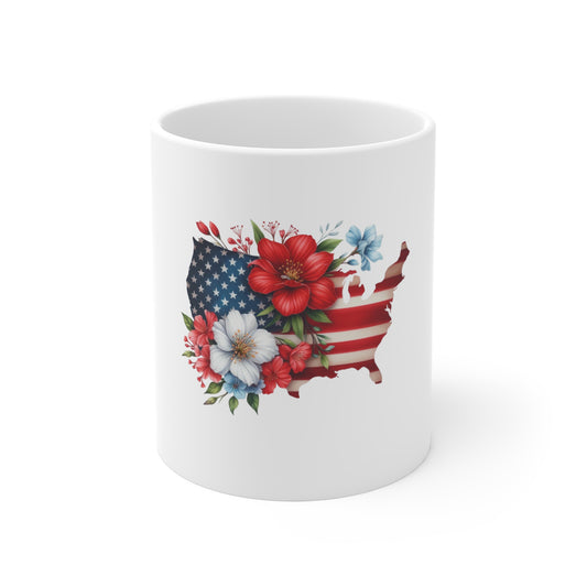 Patriotic USA Floral Map Mug — American Flag with Red & White Flowers, 11oz