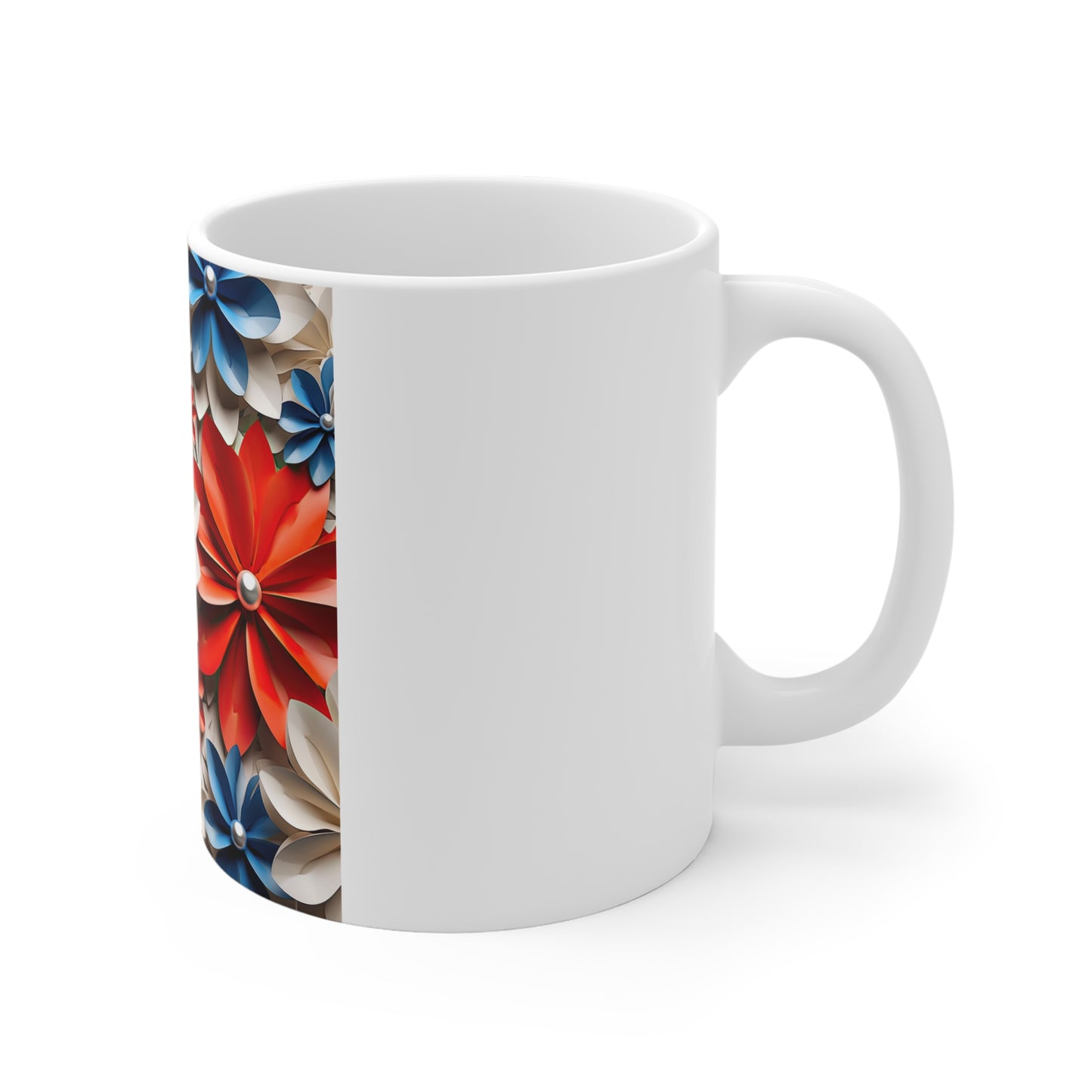Patriotic 3D Floral Coffee Mug – Red White Blue Layered Flower Mug – Modern Sculpted Botanical Cup – Bold Americana Design Mug Floral Red White Blue Ceramic Mug — Patriotic 11oz Flower Pattern