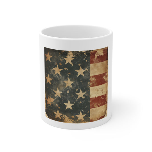 Vintage American Flag Coffee Mug – Distressed USA Flag Mug – Antique Patriotic Cup – Rustic Americana Heritage Coffee MugVintage American Flag Mug — Distressed USA Stars & Stripes 11oz