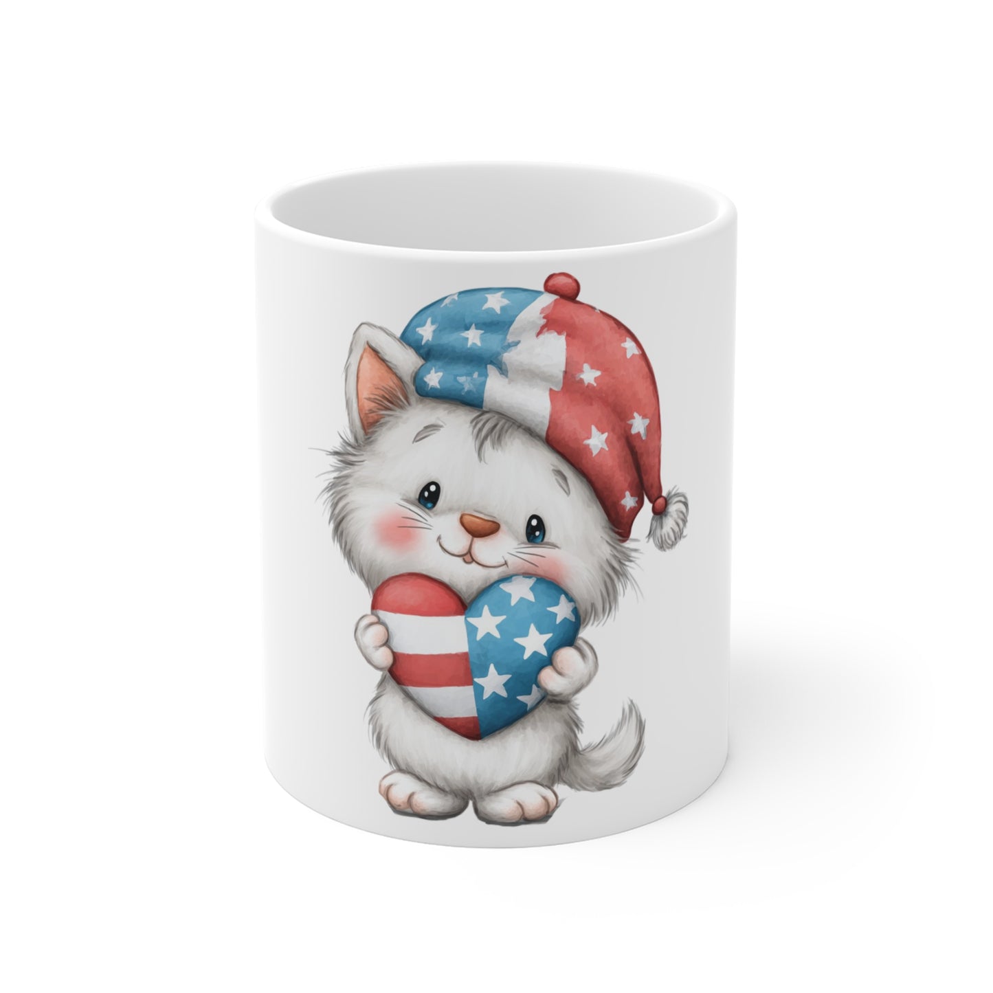 Patriotic Kitten Heart Coffee Mug – Cute 4th of July Cat Mug – Red White Blue Heart Cat Cup – Adorable Americana Gift Mug Patriotic Cute Kitten Mug — 11oz USA Heart & Stars Coffee Cup