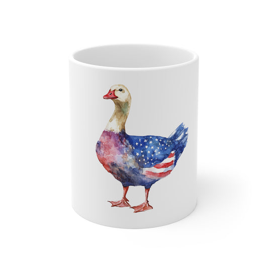 Patriotic Watercolor Goose Mug — American Flag Duck Art 11oz