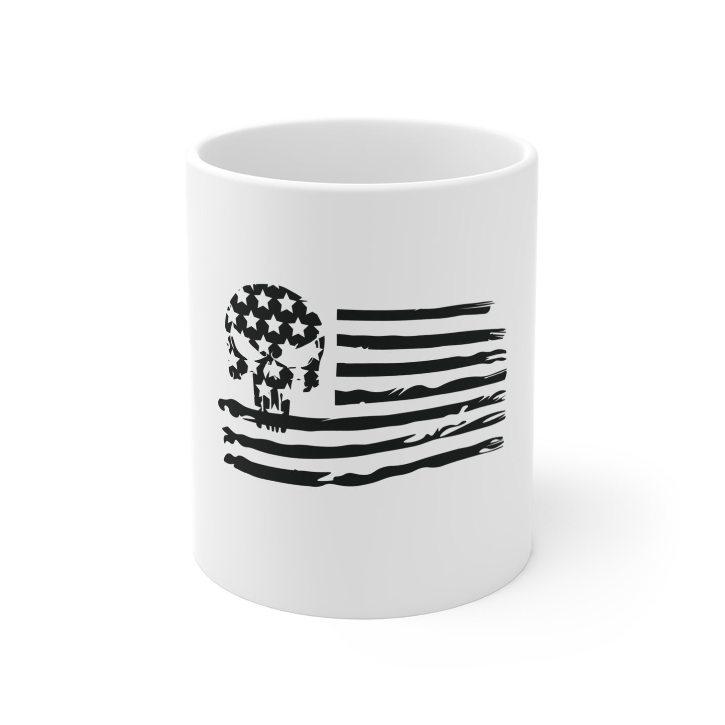 Stealth American Flag Skull Mug – Blacked Out Patriotic Skull Coffee Mug – Tactical USA Flag Cup – Subtle Distressed Flag  11oz
