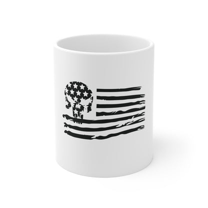 Stealth American Flag Skull Mug – Blacked Out Patriotic Skull Coffee Mug – Tactical USA Flag Cup – Subtle Distressed Flag  11oz