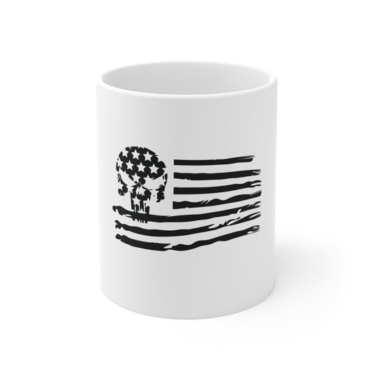 Stealth American Flag Skull Mug – Blacked Out Patriotic Skull Coffee Mug – Tactical USA Flag Cup – Subtle Distressed Flag  11oz
