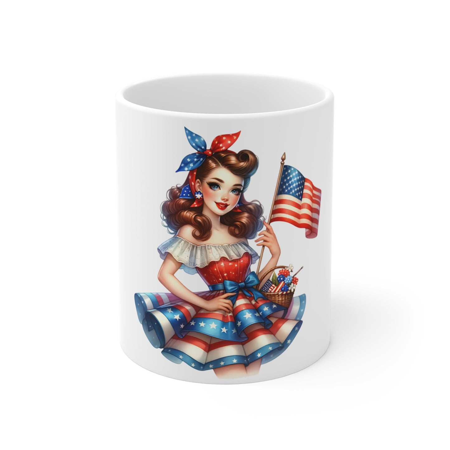 Patriotic Sweetheart Pin Up Mug – Vintage Americana Girl Coffee Mug – Red White Blue Dress Cup – 4th of July Gift – Cute USA Pride Mug Patriotic Pin-Up Girl 11oz Mug – American Flag Retro Fourth of...