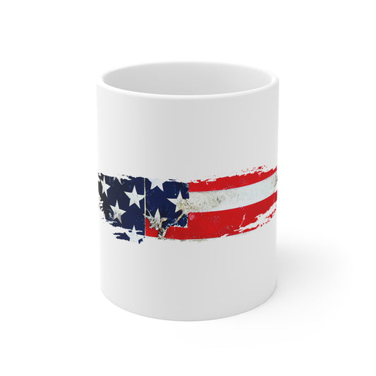 Cracked USA Flag Brush Stroke Mug – Distressed American Flag Coffee Cup – Fractured Freedom Patriotic Design Mug 11oz