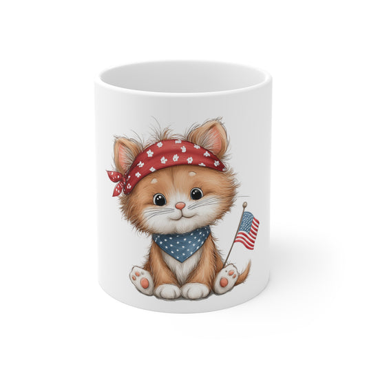 Patriotic Kitten with Headband Mug – Cute USA Cat Coffee Mug – Americana Bandana Cat Mug – 4th of July Cat Lover Gift Patriotic Kitty 11oz Mug - Cute Cat with American Flag