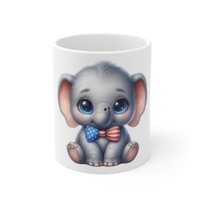 Cute Patriotic Elephant Coffee Mug – Baby Elephant Bow Tie Mug – Kawaii USA Animal Mug – Red White Blue Gift Cup 11oz