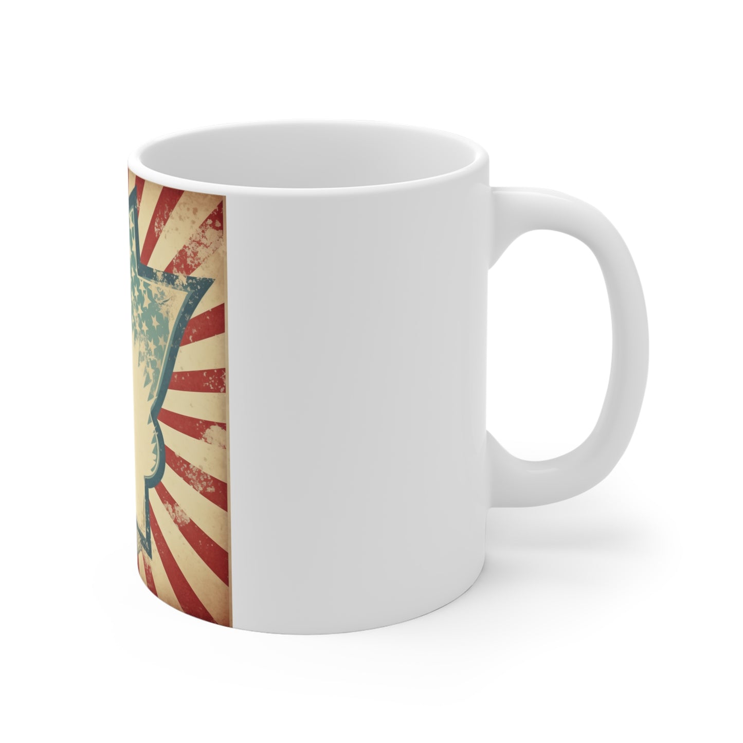 Vintage Patriotic Badge Coffee Mug – Distressed Americana Frame Mug – Retro USA Starburst Design Cup – Rustic Custom Style MugVintage American Flag Retro Badge Mug — Patriotic 11oz Coffee Cup