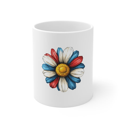 Patriotic Daisy Coffee Mug — Red White Blue Flower 11oz Ceramic