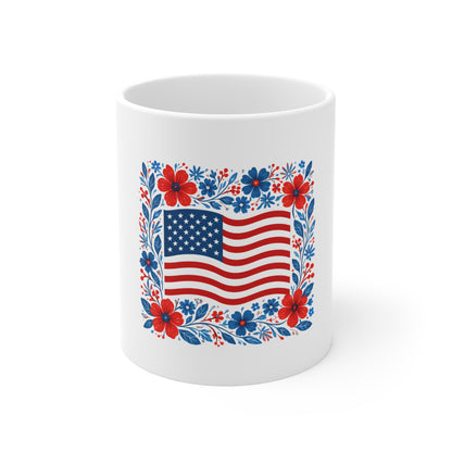 11oz Mug — American Flag Floral Design | Patriotic 4th of July Coffee Cup