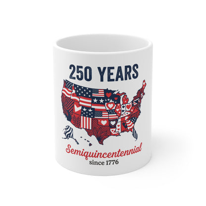 USA 250 Years Semiquincentennial Coffee Mug – Patriotic States Map Mug – American Flag Patchwork USA Gift Mug 11oz