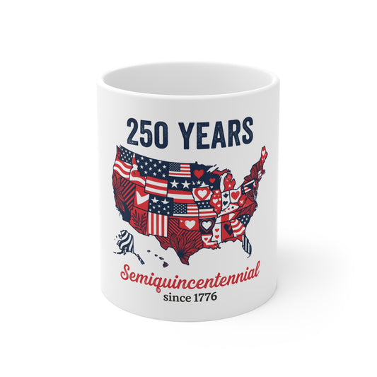 USA 250 Years Semiquincentennial Coffee Mug – Patriotic States Map Mug – American Flag Patchwork USA Gift Mug 11oz