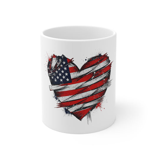 American Flag Heart Mug — Patriotic 11oz Coffee Cup
