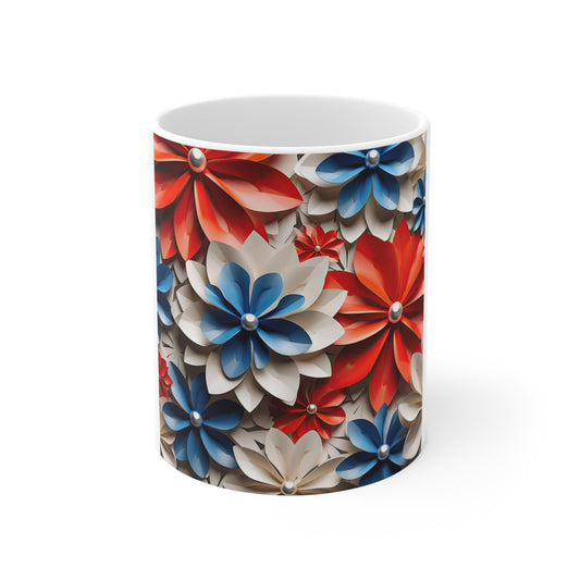 Patriotic 3D Floral Coffee Mug – Red White Blue Layered Flower Mug – Modern Sculpted Botanical Cup – Bold Americana Design Mug Floral Red White Blue Ceramic Mug — Patriotic 11oz Flower Pattern