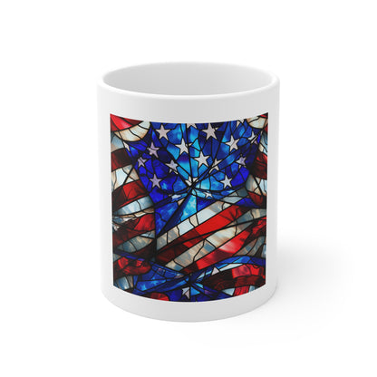 Stained Glass American Flag Coffee Mug – Starburst Patriotic Mug – Colorful USA Flag Cup – Artistic Americana Gift – Premium Art Mug