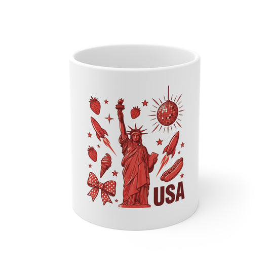 Statue of Liberty USA Coffee Mug – Retro Americana Pop Art Mug – Patriotic Liberty Design – Bold Red Aesthetic Gift 11oz