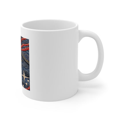 Denim American Flag Coffee Mug – Shallow Focus Patriotic Jeans Design – Artistic Stitch USA Mug – Vintage Americana Style CupAmerican Flag Denim Jeans Pattern Mug - Patriotic 11oz Coffee Cup