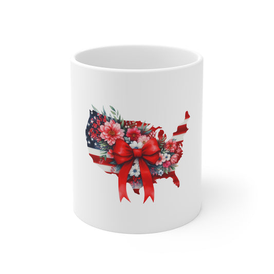 Patriotic USA Floral Map Mug — American Flag Flowers with Red Bow (11oz)