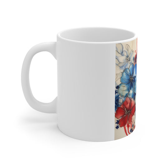 Elegant Patriotic Floral Coffee Mug – Red Blue Botanical Mug – Refined Watercolor Flower Cup – Premium Americana Art Mug Patriotic Watercolor Floral Mug – Red, White & Blue Flower Coffee Cup (11oz...