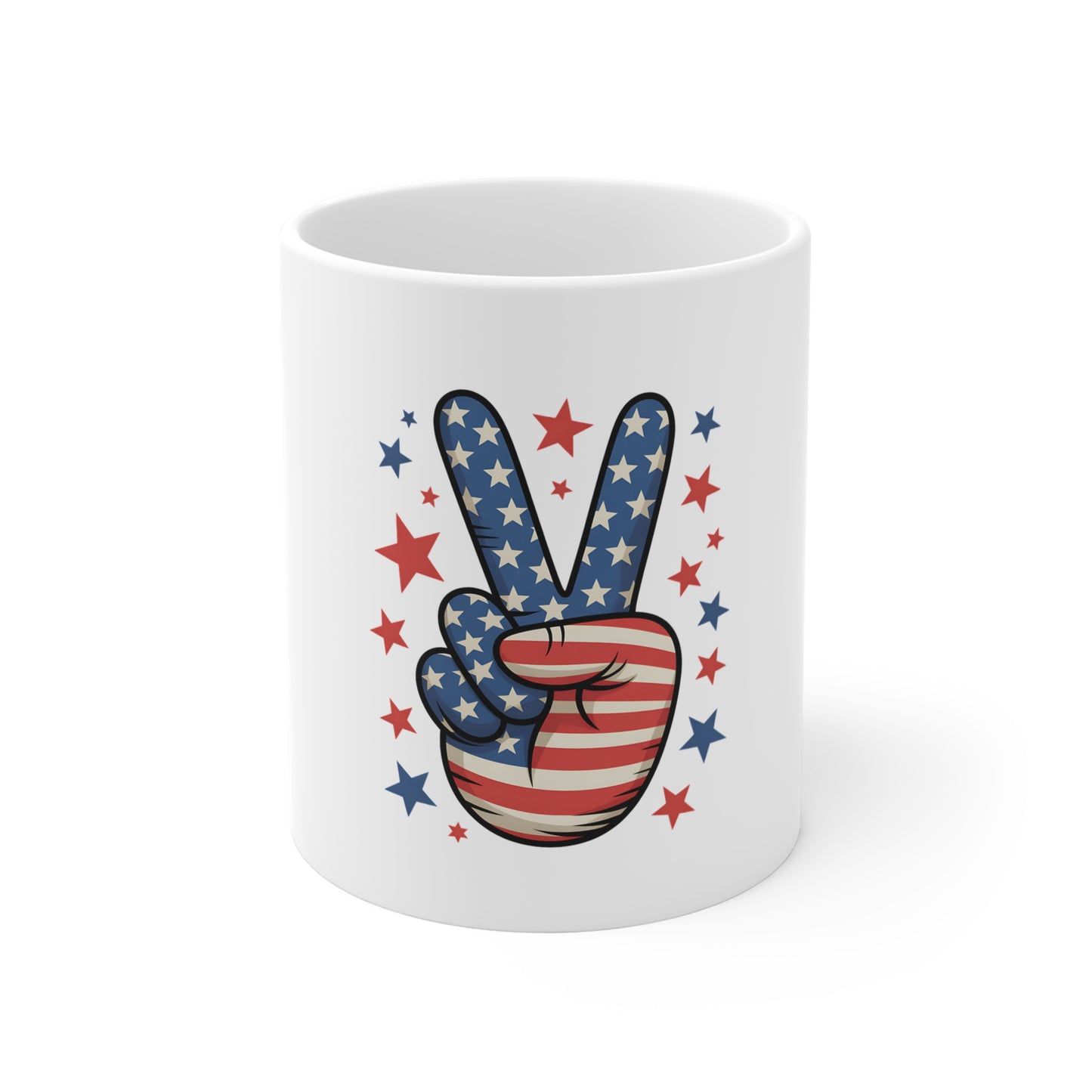 Patriotic Peace Sign Mug — USA Flag 11oz Coffee Cup for 4th of July