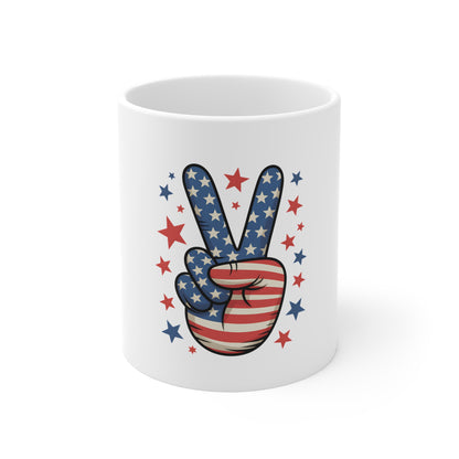 Patriotic Peace Sign Mug — USA Flag 11oz Coffee Cup for 4th of July