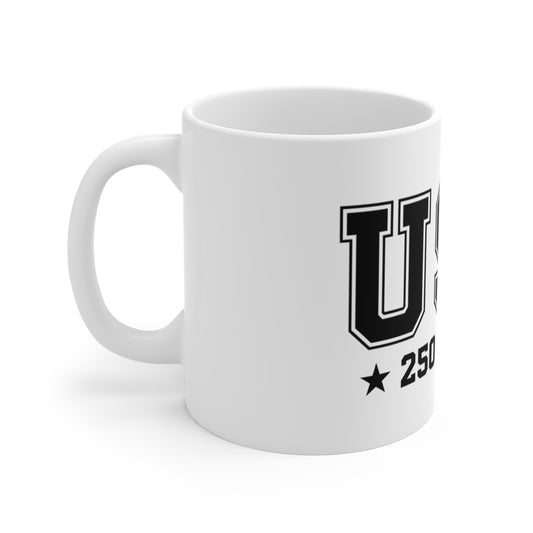 USA 250 Years Coffee Mug – Minimal Patriotic Outline Mug – America 250 Anniversary Design – Modern USA Pride Gift Mug 11oz