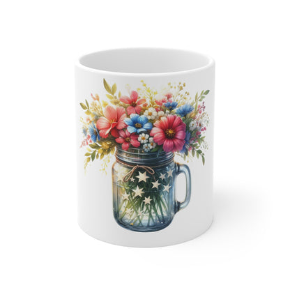 Pastel Patriotic Floral Mason Jar Coffee Mug – Soft Red White Blue Flower Mug – Americana Star Jar Cup – Elegant Summer Floral Mug 11oz Floral Mason Jar Mug – Patriotic Stars & Wildflower Bouquet...
