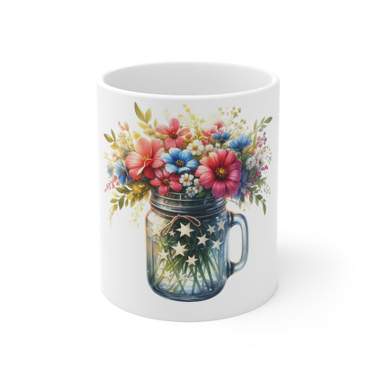 Pastel Patriotic Floral Mason Jar Coffee Mug – Soft Red White Blue Flower Mug – Americana Star Jar Cup – Elegant Summer Floral Mug 11oz Floral Mason Jar Mug – Patriotic Stars & Wildflower Bouquet...