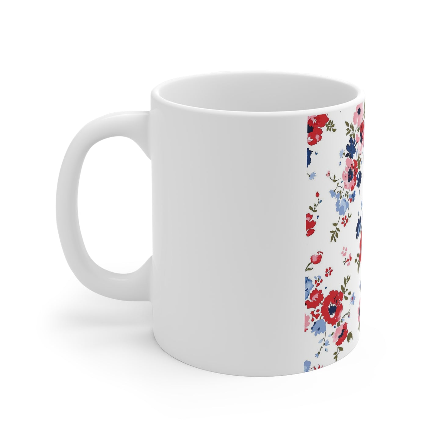 Patriotic Wildflower Coffee Mug – Red White Blue Floral Mug – Vintage Americana Blossom Cup – Soft Cottage Garden Mug Floral Vintage 11oz Ceramic Mug – Red & Blue Wildflower Pattern