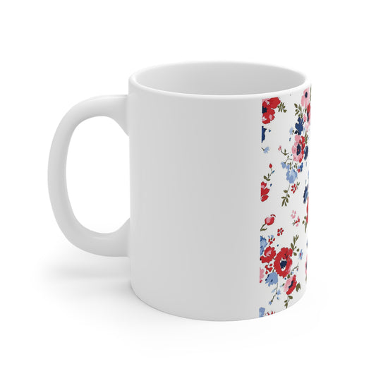 Patriotic Wildflower Coffee Mug – Red White Blue Floral Mug – Vintage Americana Blossom Cup – Soft Cottage Garden Mug Floral Vintage 11oz Ceramic Mug – Red & Blue Wildflower Pattern