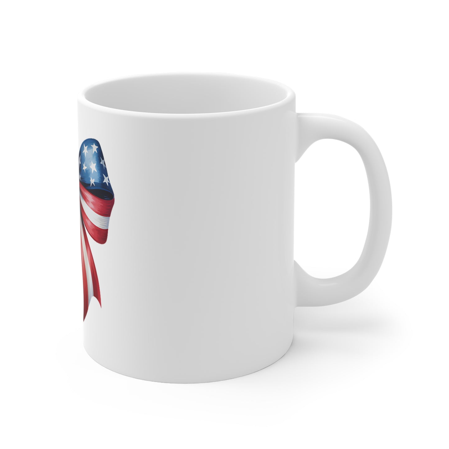 Patriotic Bow Mug — American Flag Red White Blue Ribbon Coffee Cup (11oz)