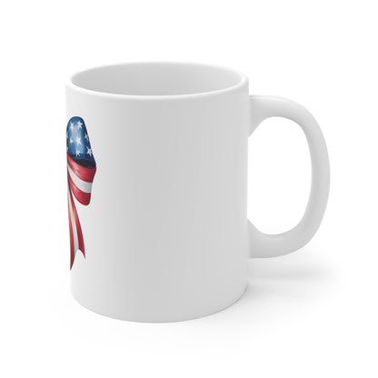 Patriotic Bow Mug — American Flag Red White Blue Ribbon Coffee Cup (11oz)