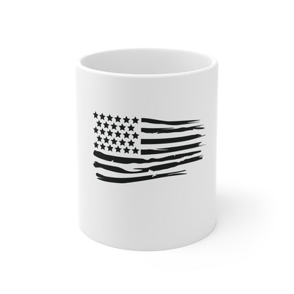Black Distressed American Flag Coffee Mug – Brushstroke USA Flag Mug – Minimalist Patriotic Cup – Rugged Americana GiftMug 11oz