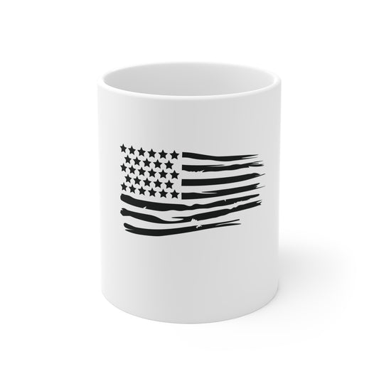 Black Distressed American Flag Coffee Mug – Brushstroke USA Flag Mug – Minimalist Patriotic Cup – Rugged Americana GiftMug 11oz
