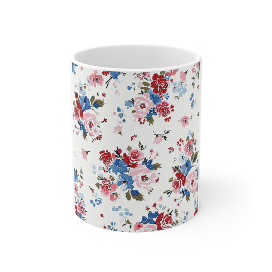 Patriotic Rose Floral Coffee Mug – Red White Blue Vintage Rose Mug – Americana Cottage Garden Mug – Classic Bloom USA Cup Floral Vintage Rose 11oz Mug – Classic Cottagecore Tea Coffee Cup