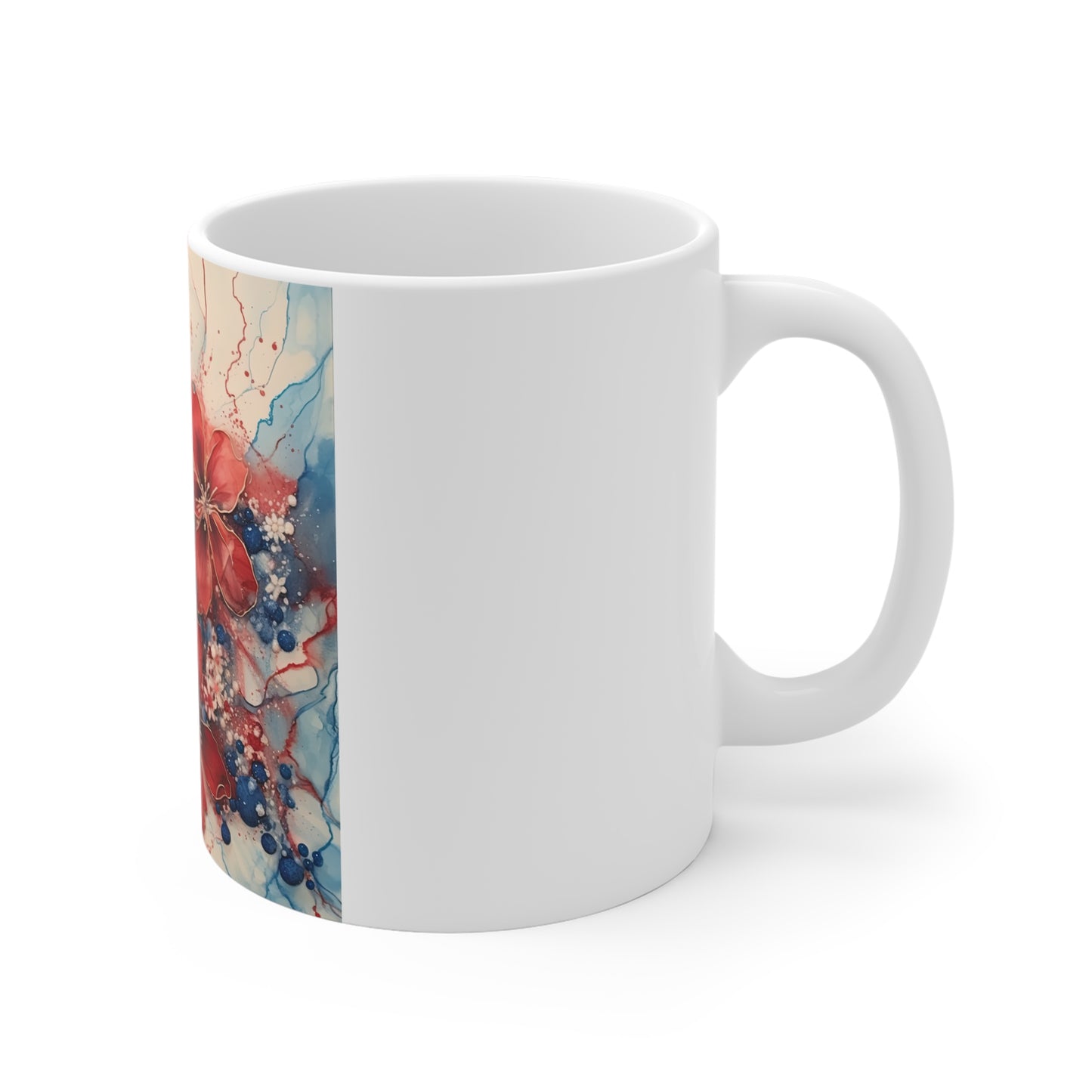 Patriotic Red Blue Floral Coffee Mug – Elegant Americana Flower Mug – Watercolor Botanical Art Cup – Premium Gift Mug Patriotic Red & Blue Floral Ceramic Mug – 11oz Coffee Cup