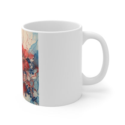 Patriotic Red Blue Floral Coffee Mug – Elegant Americana Flower Mug – Watercolor Botanical Art Cup – Premium Gift Mug Patriotic Red & Blue Floral Ceramic Mug – 11oz Coffee Cup