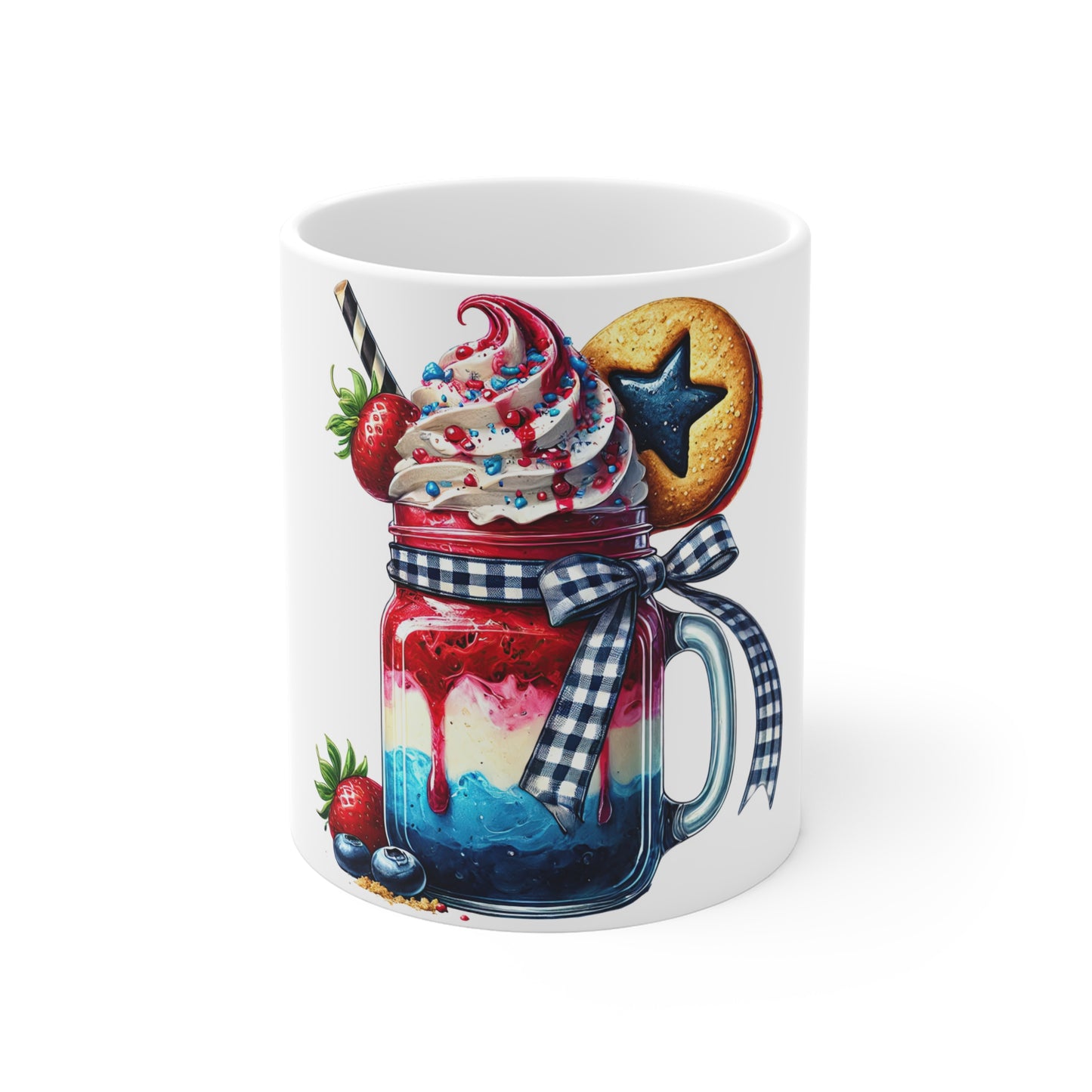 Patriotic Mason Jar Ice Cream Mug – 4th of July Sundae Coffee Mug – Red White Blue Dessert Cup with Star Cookie – Americana Farmhouse Mug Patriotic Red White & Blue Milkshake Mug — 11oz Dessert Jar...