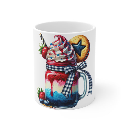 Patriotic Mason Jar Ice Cream Mug – 4th of July Sundae Coffee Mug – Red White Blue Dessert Cup with Star Cookie – Americana Farmhouse Mug Patriotic Red White & Blue Milkshake Mug — 11oz Dessert Jar...