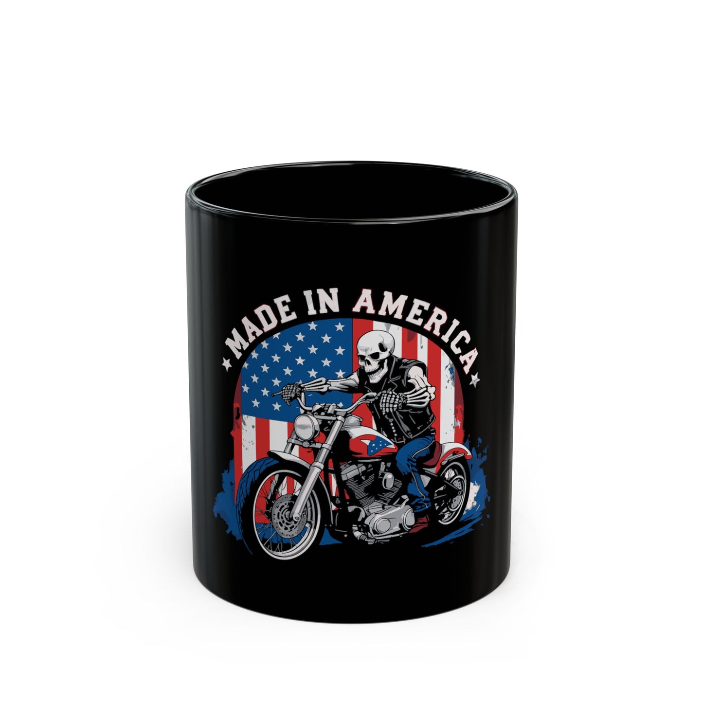Made in America Biker Coffee Mug – Patriotic Motorcycle Skull Mug – USA Rider Gift Mug – American Flag Vintage Biker Cup Made in America Motorcycle Skeleton Black Mug — Patriotic Biker Coffee Cup...