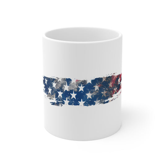 Faded Overlay USA Flag Brush Stroke Mug – Modern Distressed American Flag Coffee Cup – Layered Patriotic Design Mug 11oz