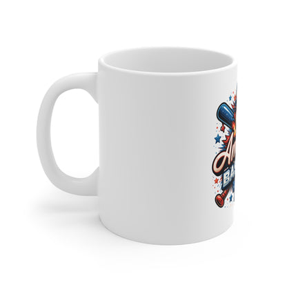 All American Baseball Mug – Patriotic Baseball Fan Coffee Cup – USA Baseball Gift – Red White Blue Sports Mug 11oz