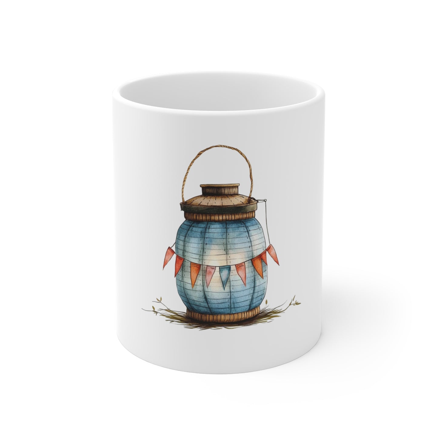 Blue Lantern Ceramic Mug — Rustic Lantern Illustration Coffee Cup
